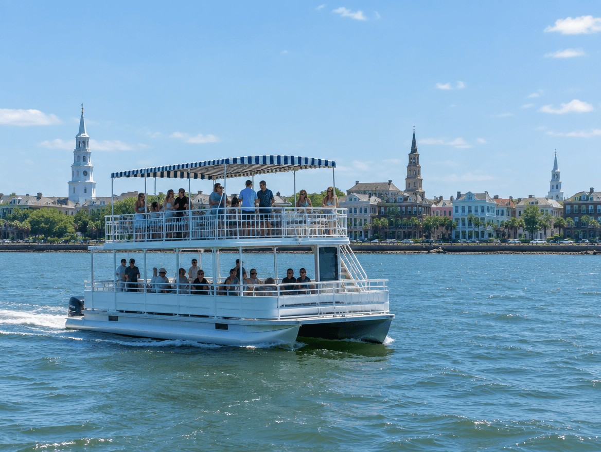 Pontoon party boat cruising Charleston Harbor on a sunny afternoon