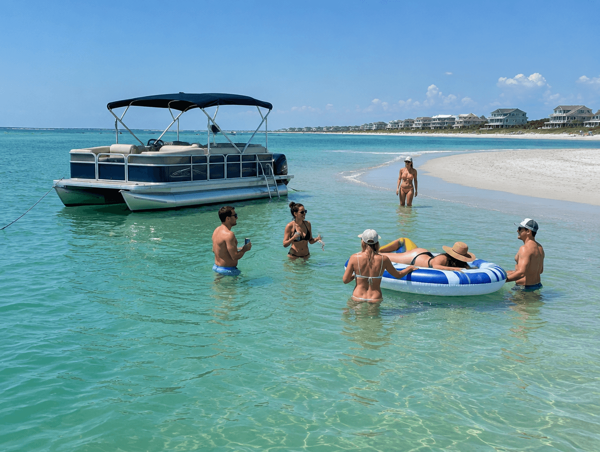 Friends wading at a sandbar beside an anchored pontoon boat near Folly Beach