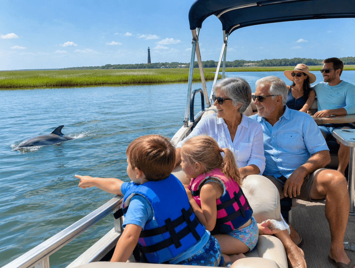 Family on a pontoon boat with kids pointing at a dolphin