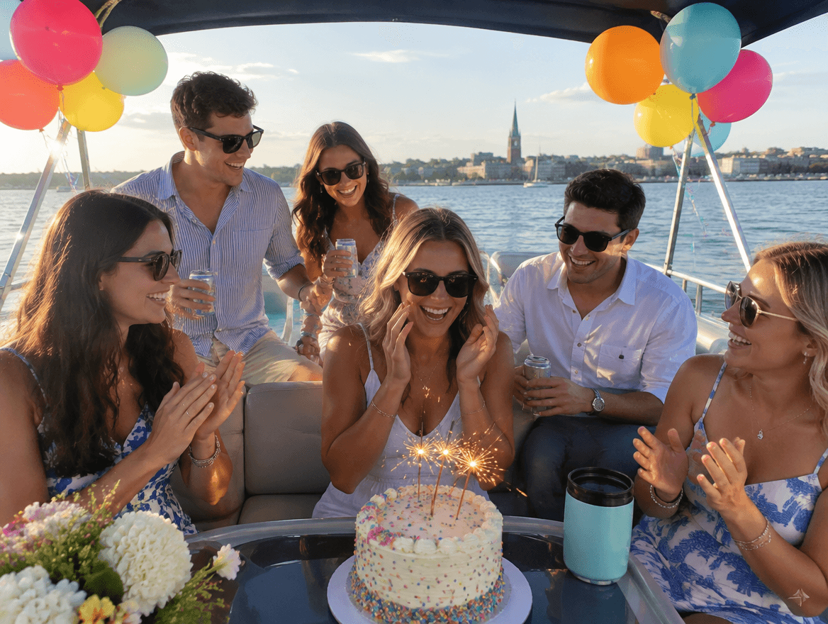 Friends gathered around a birthday cake with sparklers on a pontoon boat
