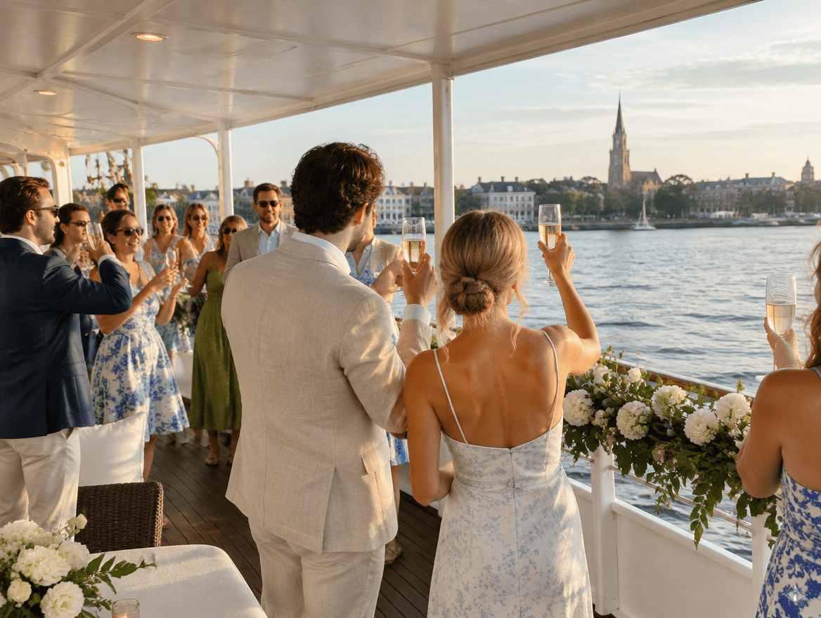 Wedding guests toasting on a covered party boat in Charleston
