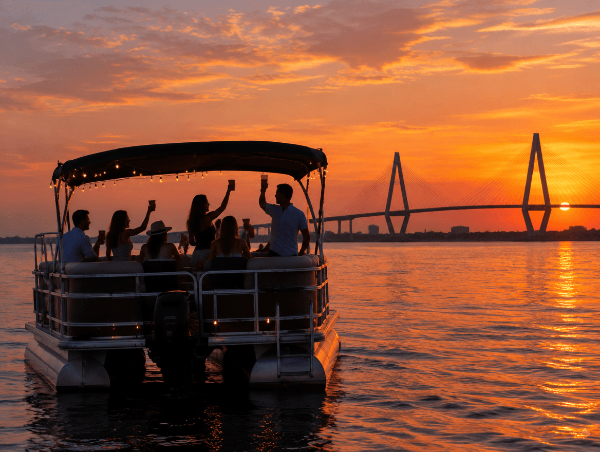 Party boat on Charleston Harbor at sunset with the Ravenel Bridge on the horizon