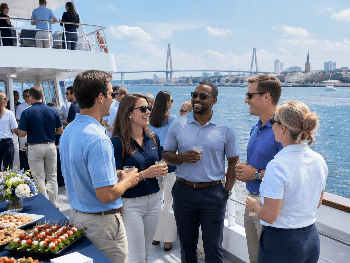 Coworkers talking on a double-deck party boat during a team outing on Charleston Harbor